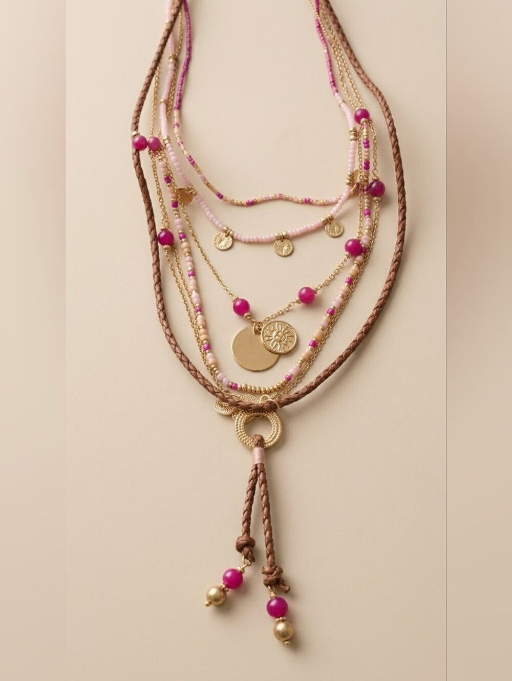 Layered Pink Beaded Multi-Strand Necklace with Gold Accents